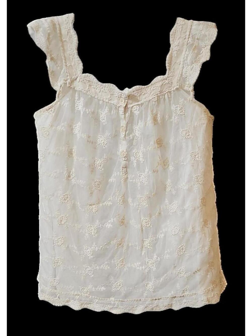Y2K Blue Asphalt Sheer Lace Sleeveless Top L – Ruffle Straps Floral Detail